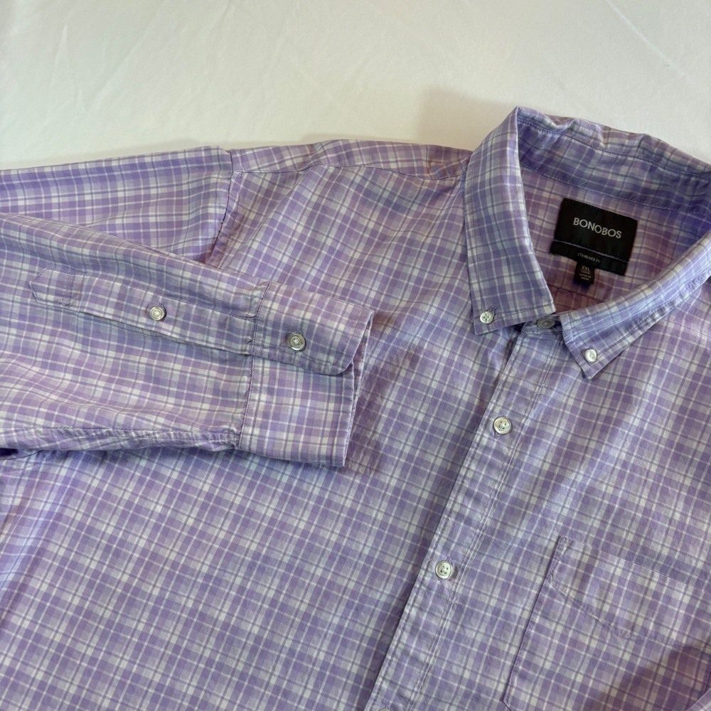 Bonobos Button Down Shirt XXL Long Purple White Plaid Standard Fit Long Sleeve